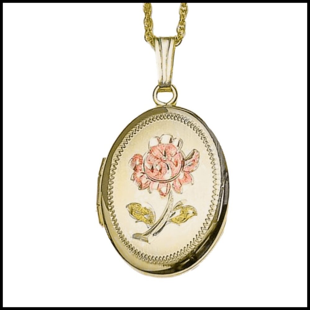 Personalized 14K Gold Filled Locket Necklace Custom Photo Engraved Rose Oval